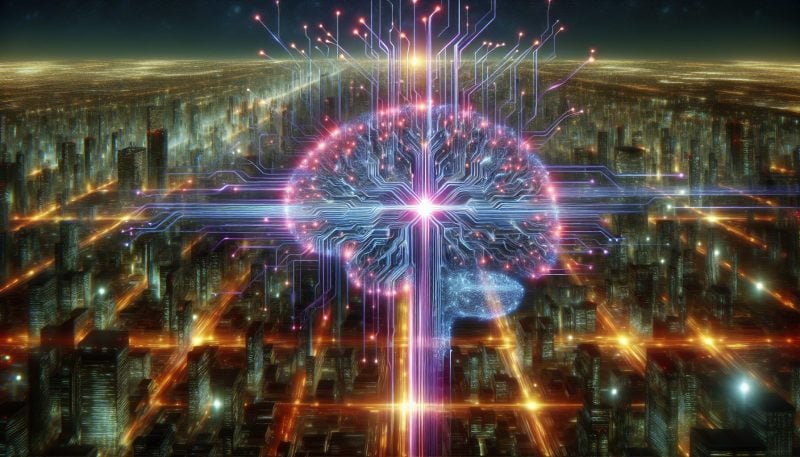 A Glowing Ai Brain Network Decentralizing Outwards Into A Futuristic Cityscape, Representing Efforts To Decentralize Artificial Intelligence Systems