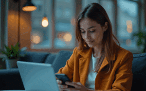 A Lady Using Smartphone And A Laptop