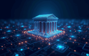 /Invezz2 Create An Image Showing Modern Bank Building Connected By Glowing Digital Lines To A Stylized Blockchain Network. Include Chainlink And Swift Logos