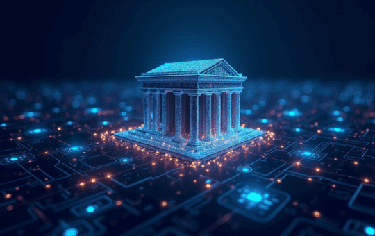 /Invezz2 Create An Image Showing Modern Bank Building Connected By Glowing Digital Lines To A Stylized Blockchain Network. Include Chainlink And Swift Logos