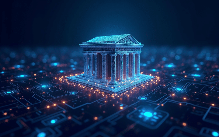 /Invezz2 Create An Image Showing Modern Bank Building Connected By Glowing Digital Lines To A Stylized Blockchain Network. Include Chainlink And Swift Logos