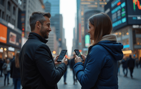 Two Happy People Holding Smartphones