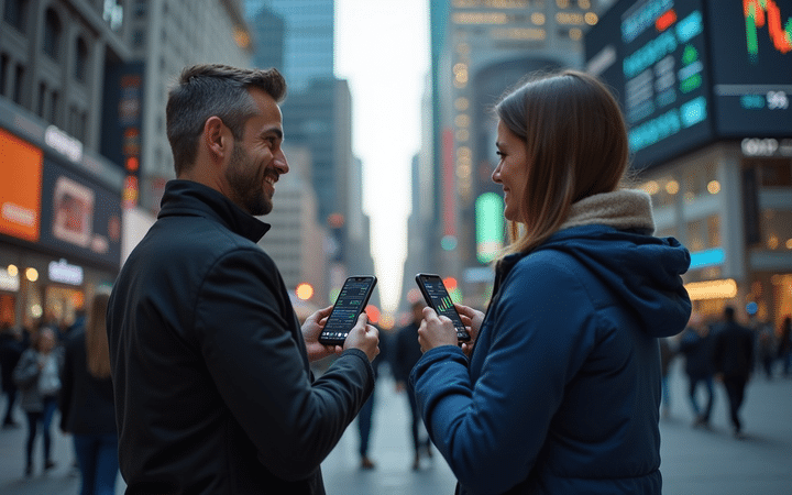 Two Happy People Holding Smartphones