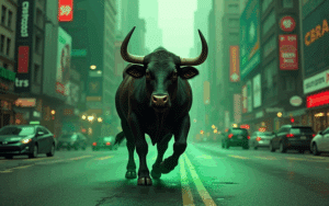A Strong Bull Roaming In The City In A Green Atmosphere