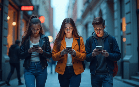 Teens Walking In The City While Using Smartphones