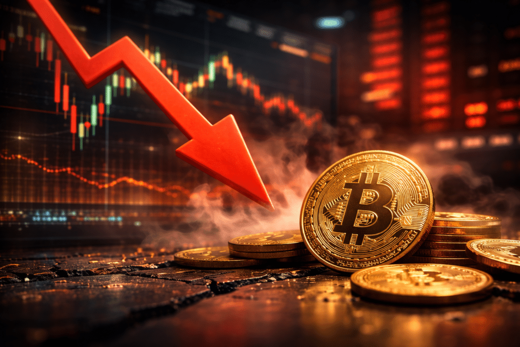 Bitcoin Coins With A Downward Market Trend Visualised By A Falling Arrow And Trading Charts In The Background.