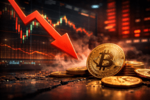 Bitcoin Coins With A Downward Market Trend Visualised By A Falling Arrow And Trading Charts In The Background.
