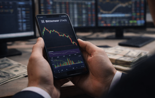 An Investor Holds A Smartphone Displaying A Cryptocurrency Candlestick Chart While Monitoring Markets At A Trading Desk.