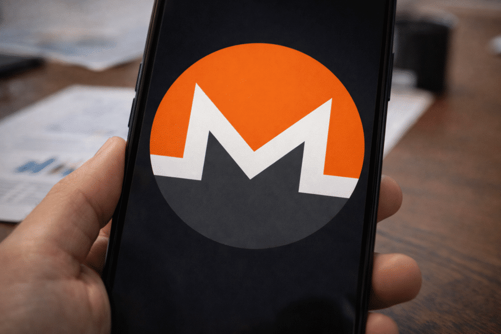 A Smartphone Held In Hand Displays The Monero Cryptocurrency Logo On Its Screen, With Financial Documents Blurred In The Background.