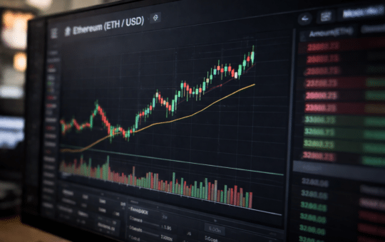 A Computer Monitor Displaying An Ethereum (Eth/Usd) Candlestick Price Chart With Rising Trend Lines And Trading Volume Bars On A Cryptocurrency Trading Interface.