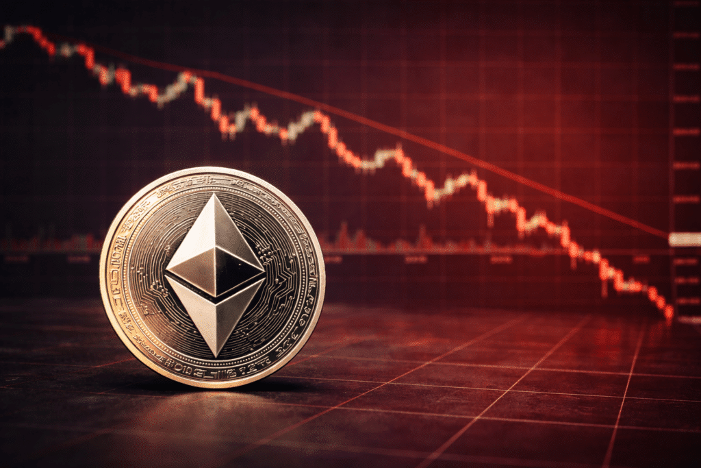 An Ethereum Coin Placed In Front Of A Red Downward Cryptocurrency Price Chart Showing A Market Decline.